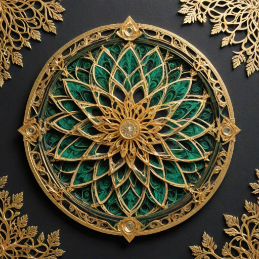 Kirigami representation of (Jaded Painting:1.3) of (Screen print:1.3),(Embarrassing:1.3) Dark Chocolate Brown,         Emerald,    Gold, Silver, Bronze, Diamond,  Amethyst,  Regular pattern,  Animal, Flower,  Fractal, Person, Object,  Branches,   Glimmering Coin: A coin made from polished gold or silver, shimmering brightly.,Frost: Thin layers of ice crystals forming on surfaces due to freezing temperatures. <lora:woodenart:1> woodenart, wooden, <lora:clothing_slider_v19:4>,(by Artist Peter Elson:1.3),(Geometric Abstract Art:1.3),(CMYK Colors:1.3), 3D, paper folding, paper cutting, Japanese, intricate, symmetrical, precision, clean lines