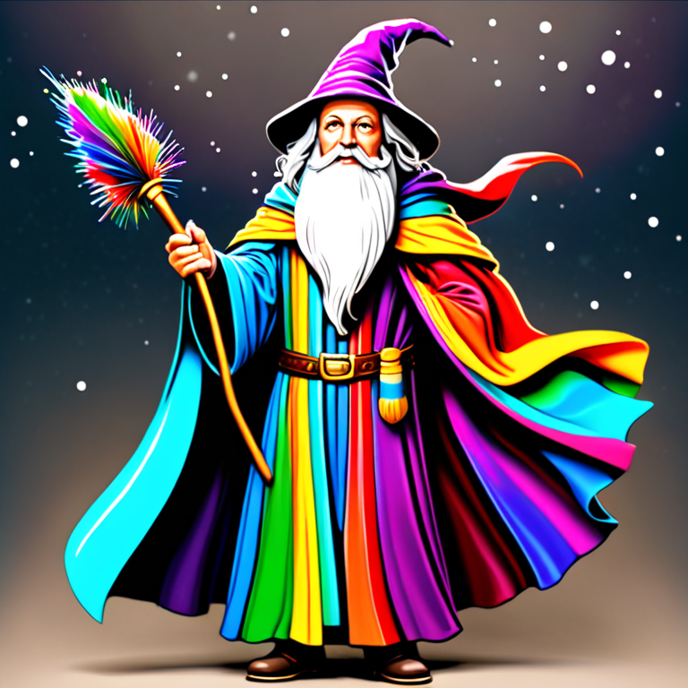 a wizard with a very colorful cloak with different colors and a brush ...