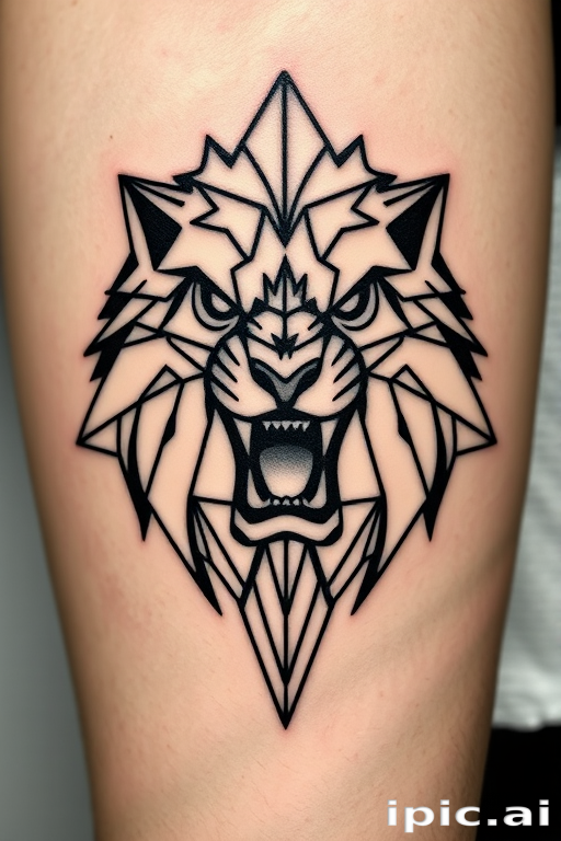 Striking geometric blackwork tattoo of a roaring lion head composed of intersecting lines and shapes, utilizing precise symmetry and dotwork accents for a modern, graphic aesthetic