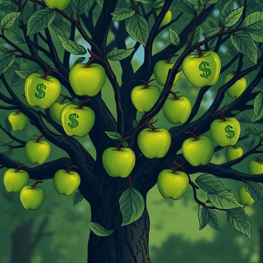 Create a detailed illustration of a tree with dark branches and green apples featuring dollar signs, shot with a DSLR camera at f/8, ISO 100, with a 50mm lens at eye level and a soft focus background for enhanced depth.