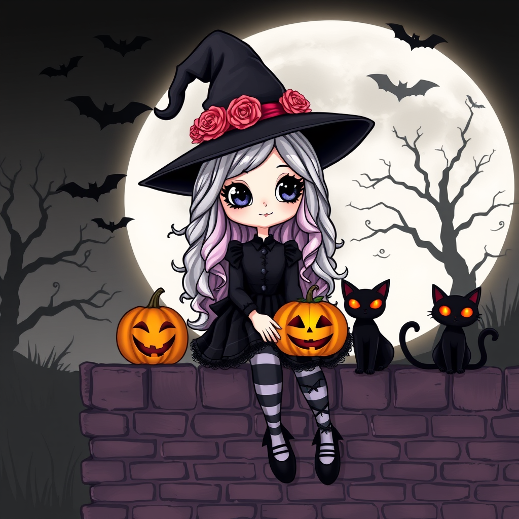 A cute, gothic-style cartoon of a young witch resembling Wednesday Addams sitting on a brick wall under a full moon. She has long wavy hair with silver, pink, and purple ombre highlights, and wears a classic black witch hat decorated with a pumpkin and roses. She is dressed in a black frilly dress with striped stockings and black shoes. A glowing Jack-o'-lantern sits beside her, and a black cat with glowing orange eyes is next to her. The background features a large moon, silhouetted bats, and a spooky tree, with a soft monochrome and slightly glowing effect, creating a magical Halloween atmosphere.