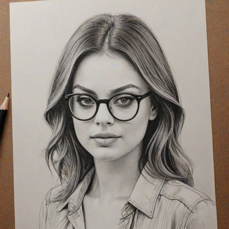 Lovely Mila Kunis, pencil sketch, portrait of Charming woman 1975s in glasses, hair style beatnik, outline, clear lines, fine lines, 8k