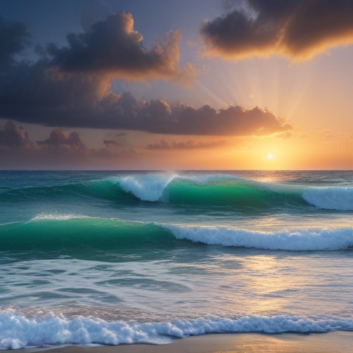 Serene Sunrise Over Gentle Waves on a Tranquil Beach Shoreline