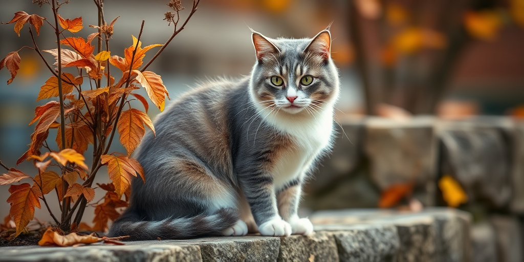 A gray and white cat sitting on a stone wall, surrounded by autumn leaves and a plant, captured in natural light with a shallow depth of field, using a DSLR camera at f/2.8, ISO 100, with a 50mm lens, in a close-up view.