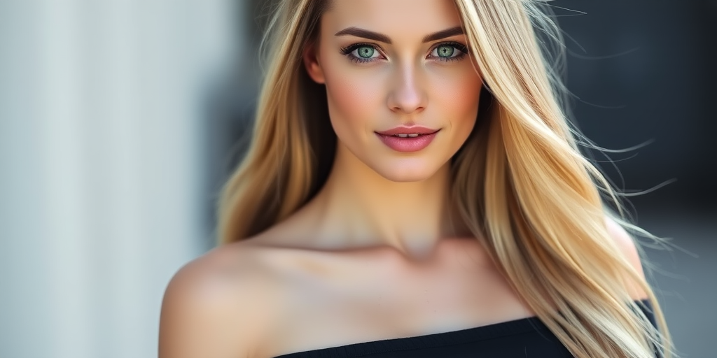 Portrait of a woman with long blonde hair and green eyes, wearing an off-shoulder black top, soft natural lighting, shallow depth of field, 85mm lens, f/1.8 aperture, ISO 100, captured with a full-frame DSLR camera.