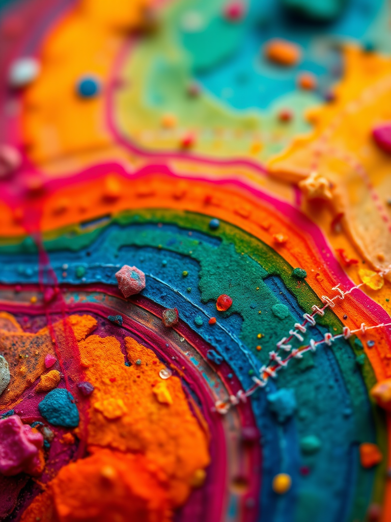 Create an abstract colorful pattern with vibrant hues and a mix of textures, captured with a Canon EOS R5 camera at ISO 100, f/8 aperture, 1/250 sec shutter speed, using a macro lens for intricate detail.