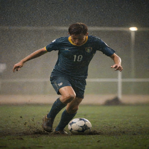 Blurry action shot of a soccer player sliding to kick the ball on a muddy field, with rain softly falling and stadium lights casting a bright glow through the misty air.