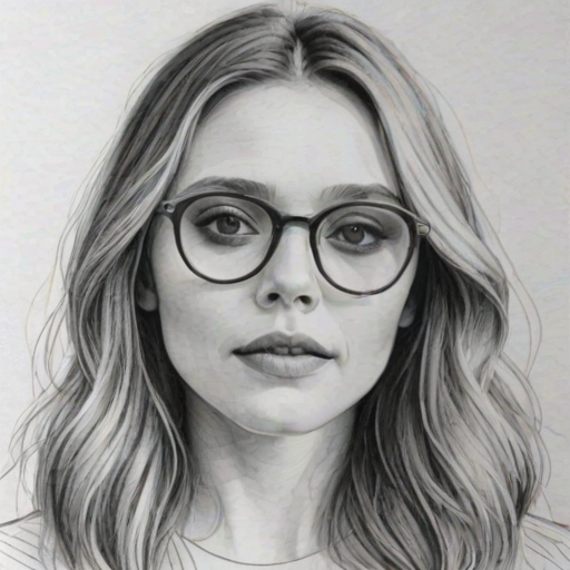 Fetching Elizabeth Olsen, pencil sketch, portrait of Lovely woman 1975s in glasses, hair style beatnik, outline, clear lines, fine lines, 8k
