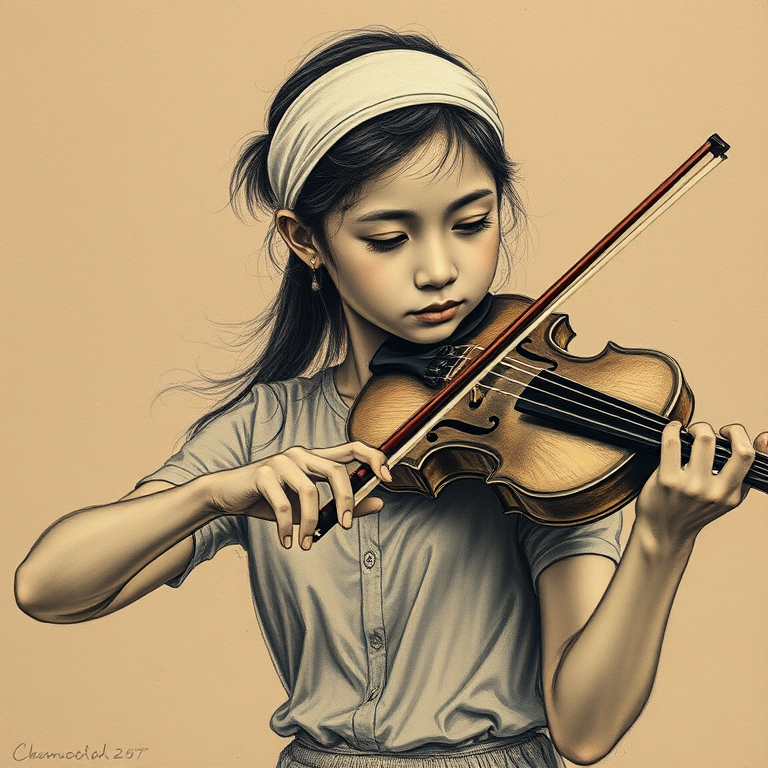 a young Cambodian woman with a white headband playing a violin, in the style of a charcoal drawing, sepia grunge background