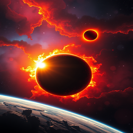 Create a high-resolution digital painting of a cosmic scene featuring a fiery planet, Earth-like planet, and a solar eclipse, captured with a Canon EOS 5D Mark IV at f/8, ISO 100, 24mm lens in a wide-angle view, emphasizing vibrant colors and dramatic lighting effects.