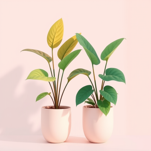 generate an artistic illustration of two potted plants with large leaves in soft pastel colors, minimalistic background, use a DSLR camera, aperture f/2.8, ISO 100, 50mm lens, natural lighting, shallow depth of field
