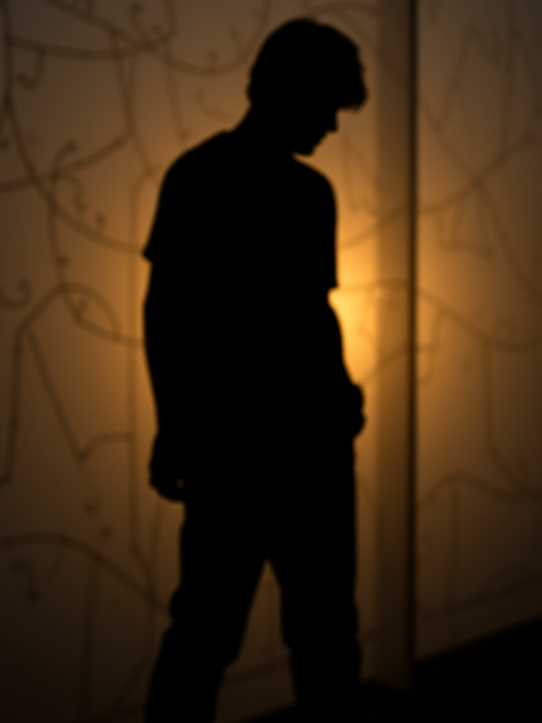 Create a high-quality image of a silhouette of a person with an abstract background using a DSLR camera at 50mm lens, f/2.8 aperture, ISO 100, and a shallow depth of field, captured from a low angle perspective to enhance visual impact.