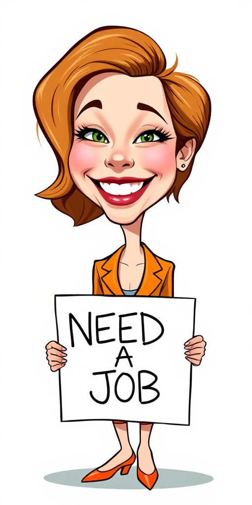 caricature of a smiling Emma Stone in a Tangerine dress or suit, holding up a sign that says "NEED A JOB", no watermark,