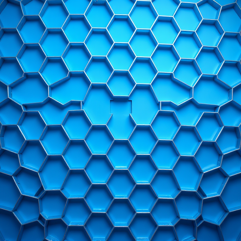 Create a high-resolution image of a hexagonal pattern with a gradient blue background, using a DSLR camera with a 50mm lens, f/8 aperture, ISO 100, 1/200 sec shutter speed, viewed from a slightly elevated angle to enhance depth and texture.