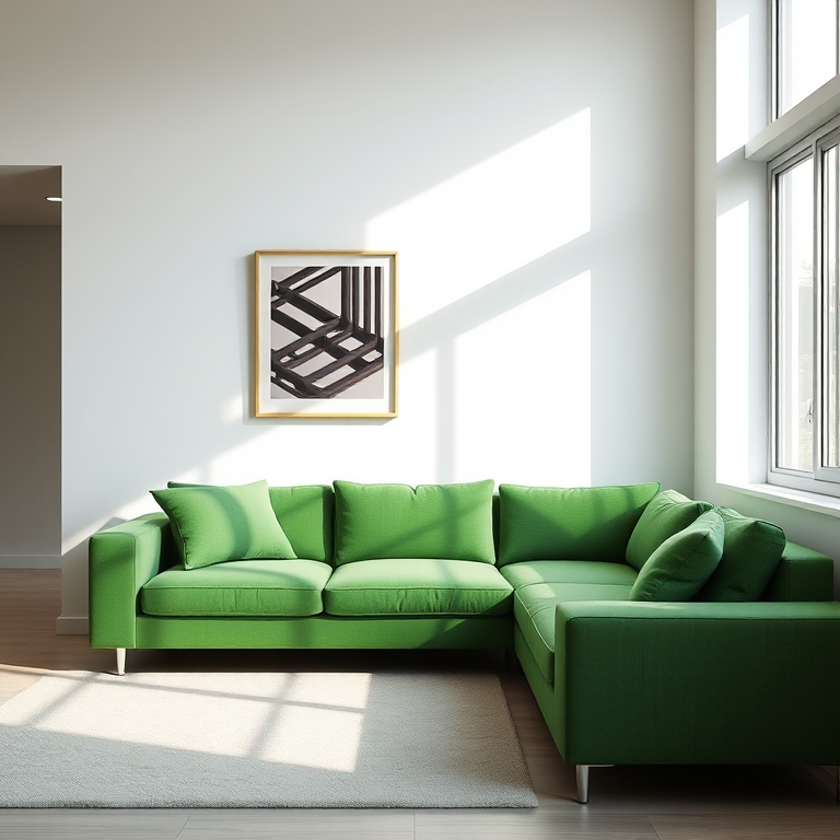 A modern green couch in a minimalist living room setting, natural light illuminating the scene, camera settings: f/2.8, ISO 100, shutter speed 1/60s, camera view: wide angle, camera style: realistic rendering, camera type: DSLR.