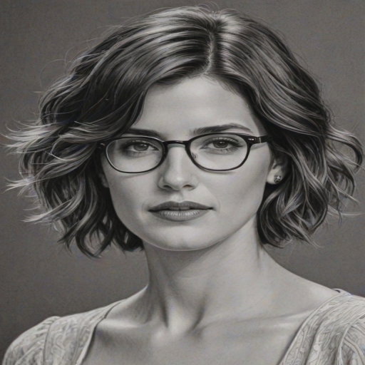 Fetching Cobie Smulders, pencil sketch, portrait of Enchanting woman 1921s in glasses, hair style beatnik, outline, clear lines, fine lines, 8k