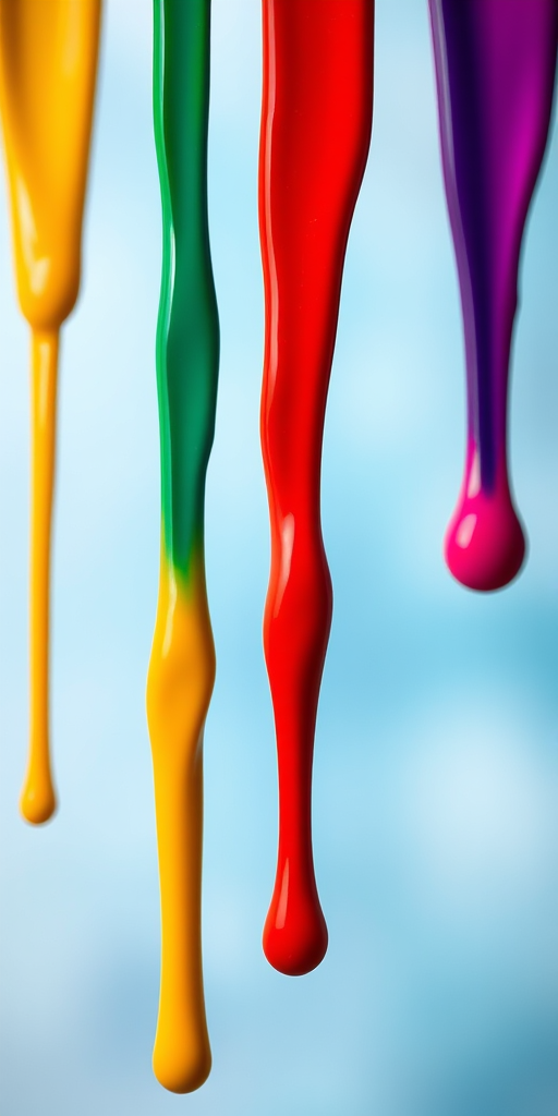 Generate an abstract image featuring five vertical paint drips in vibrant colors, using a Canon EOS R5 camera with a 50mm f/1.2 lens, aperture set to f/2.8, shutter speed at 1/200s, ISO 100, focus on the texture and color gradients, shot from a low angle with a soft focus background to enhance depth and richness.