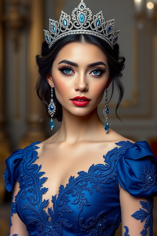 A gorgeous Eurasian woman in a luxurious blue gown, accessorized with a dazzling tiara and statement earrings, her deep blue eyes highlighted by impeccable makeup, poised in a royal setting, photorealistic, 8K quality