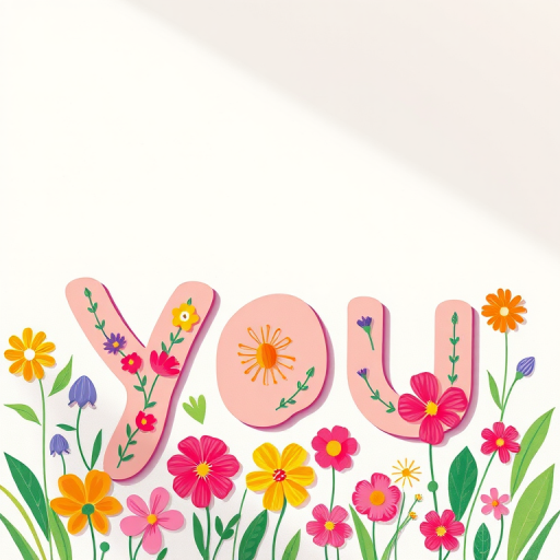 create a bright and colorful illustration featuring the word "you" in playful, bold letters with floral elements, using a Canon EOS R5 camera at f/2.8, 50mm lens, ISO 100, in a soft natural light setting for enhanced vibrancy and clarity.