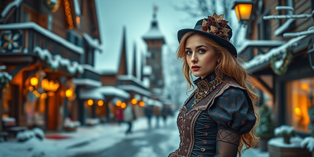 Create a winter village scene featuring a woman in a steampunk-inspired dress, with decorated wooden buildings and snow-covered streets, using a DSLR camera, f/1.8 aperture, 50mm lens, golden hour lighting, and soft focus background for enhanced depth of field.