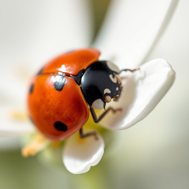 Close-up photograph of a ladybug perched on a white flower, shallow depth of field, f/2.8 aperture, 50mm lens, ISO 100, natural light, taken with a DSLR camera, focus on the ladybug with soft blurred background for enhanced image quality.