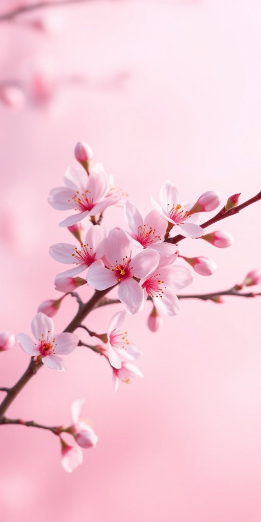 Regenerate a digital illustration of a cherry blossom branch with soft pink flowers on a gradient background, using a 50mm lens at f/2.8, 1/200s shutter speed, and a Canon EOS R mirrorless camera for enhanced clarity and depth.