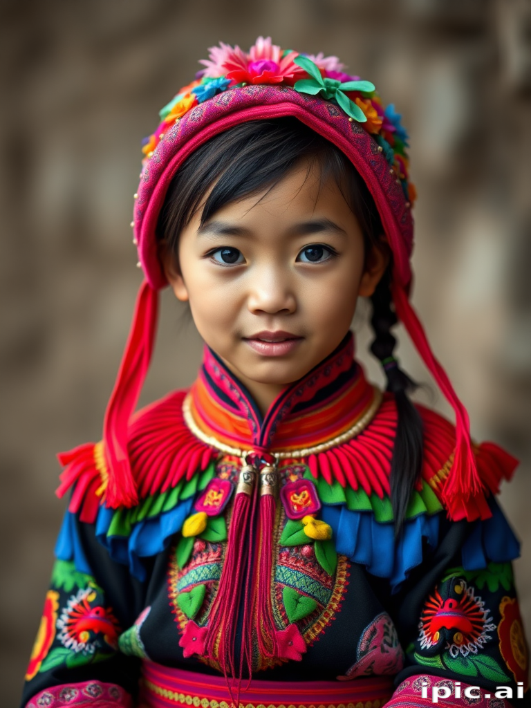 A beautiful Miao girl, wearing colorful bird clothing with vibrant colors