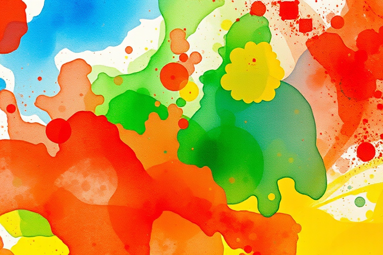 Create an abstract watercolor background with vibrant splashes of red, blue, green, and yellow, using a Canon EOS R5 camera, f/8 aperture, ISO 100, 50mm lens, with a soft focus effect for a dreamy quality.