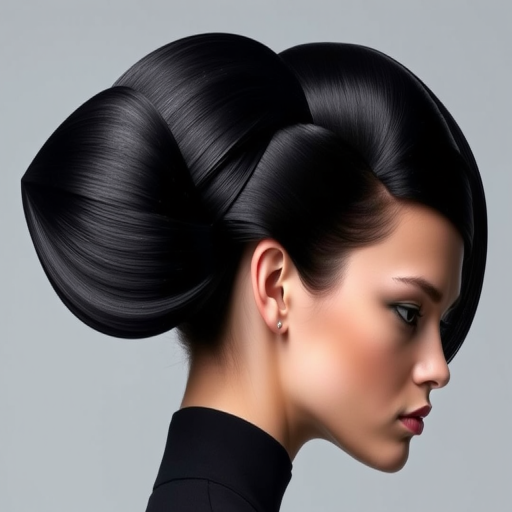Sleek jet-black hair styled in a sculptural geometric updo, showcasing precise angles and smooth surfaces that reflect light in the avant-garde "Obsidian Origami" creation