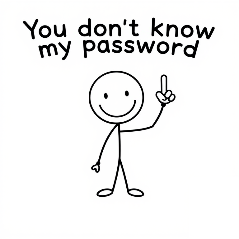 Create an image of a simple cartoon stick figure with a smiley face holding up one hand with a raised finger. The background should be a light color. Add the text You dont know my password in a bold, playful font above the figure.