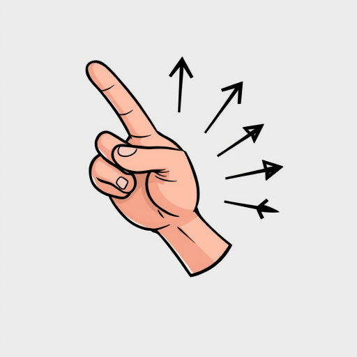 Create a high-resolution image of a cartoon hand gesture with a finger pointing upwards and arrows indicating movement in multiple directions on a light grey background, captured with a Canon EOS R5, 50mm lens, f/1.8 aperture, 1/200s shutter speed, in a studio setting with soft lighting.