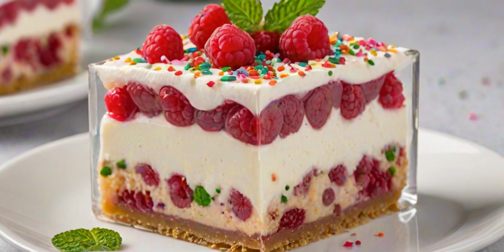 Create an image of a layered dessert featuring a jelly base with raspberry pieces, topped with a smooth layer of cream and garnished with colorful sprinkles and fresh mint leaves. The dessert should be presented on a clear glass plate, showcasing its vibrant colors and textures.
