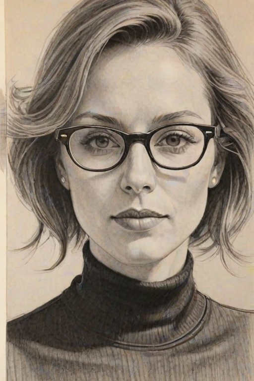 Bewitching Cameron Bure, pencil sketch, portrait of Resplendent woman 1973s in glasses, hair style beatnik, outline, clear lines, fine lines, 8k
