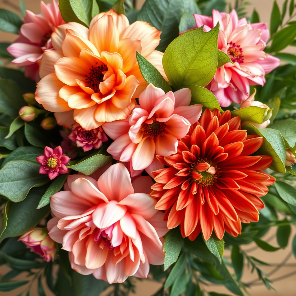 Floral arrangement with peach and pink flowers, green leaves, high resolution, 50mm lens, f/4 aperture, natural lighting, top-down view, digital illustration style.