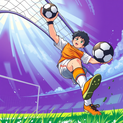 Create an illustration of a young male soccer goalkeeper leaping to catch a soccer ball, captured from a dynamic low-angle view, using vibrant colors and detailed line work, high resolution 300 DPI, with a focus on action and expression.