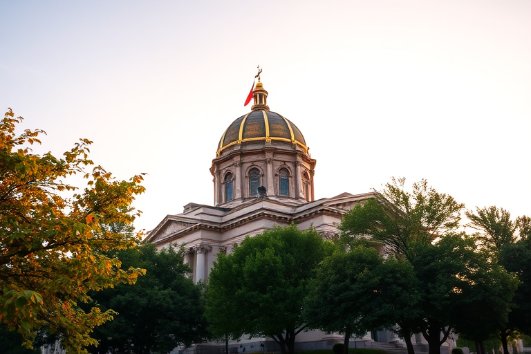 Capture a wide-angle shot of St. Isaac's Cathedral during golden hour with a DSLR camera, 18mm focal length, f/8 aperture, ISO 100, and a low angle view to emphasize the dome and surrounding trees.