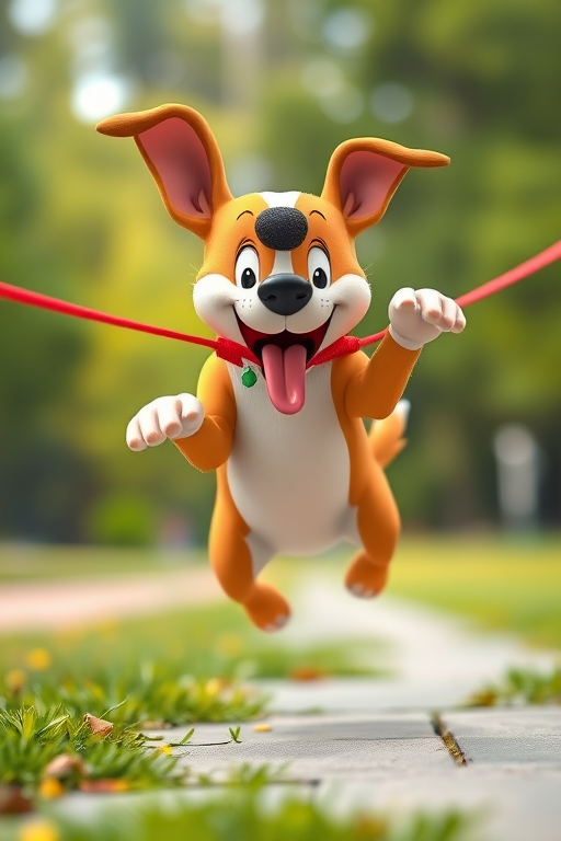 Create a high-resolution image of a cartoon dog on a leash, leaping energetically, captured with a DSLR camera at f/2.8, ISO 100, 1/500 sec, using a 50mm lens at eye level for a vibrant and dynamic perspective.