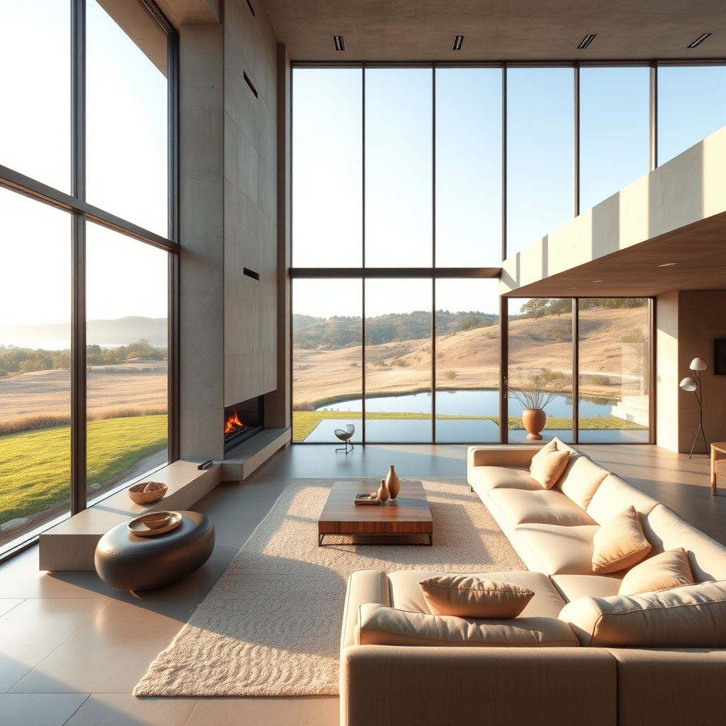modern minimalist interior design of a spacious living room with concrete walls and large windows overlooking a serene landscape, soft natural lighting, shallow water feature, warm fireplace, soft beige couch, shot with a Canon EOS R5, 24mm lens, aperture f/8, ISO 100, shutter speed 1/60s, wide-angle view to capture the open space