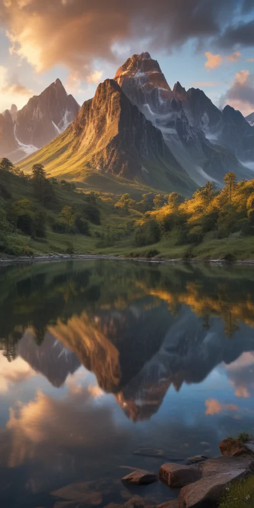 Majestic Mountain Landscape Reflecting on Serene Lake at Sunset
