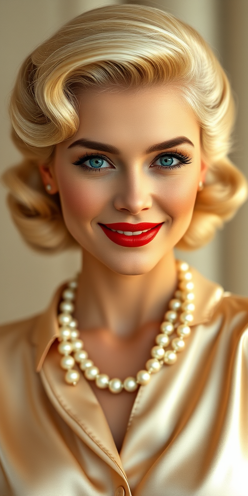 A beautiful taino woman reminiscent of 1950s Hollywood glamour, with perfectly styled blonde hair and a seductive smile, dressed in a satin blouse and adorned with pearls, soft and warm tones, photorealistic, 8K