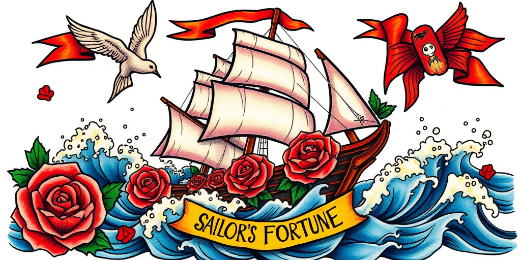 Colorful traditional American tattoo titled "Sailor's Fortune" depicting a bold ship sailing through stormy seas with vibrant roses, swallows, and a banner, utilizing thick outlines and saturated primary colors