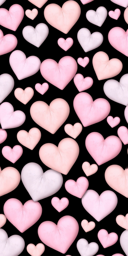 create a seamless pattern of pastel-colored hearts in various sizes on a black background, using a Canon EOS R5 with a 50mm f/1.8 lens, aperture f/2.8, ISO 100, and a soft focus effect for enhanced texture and depth.