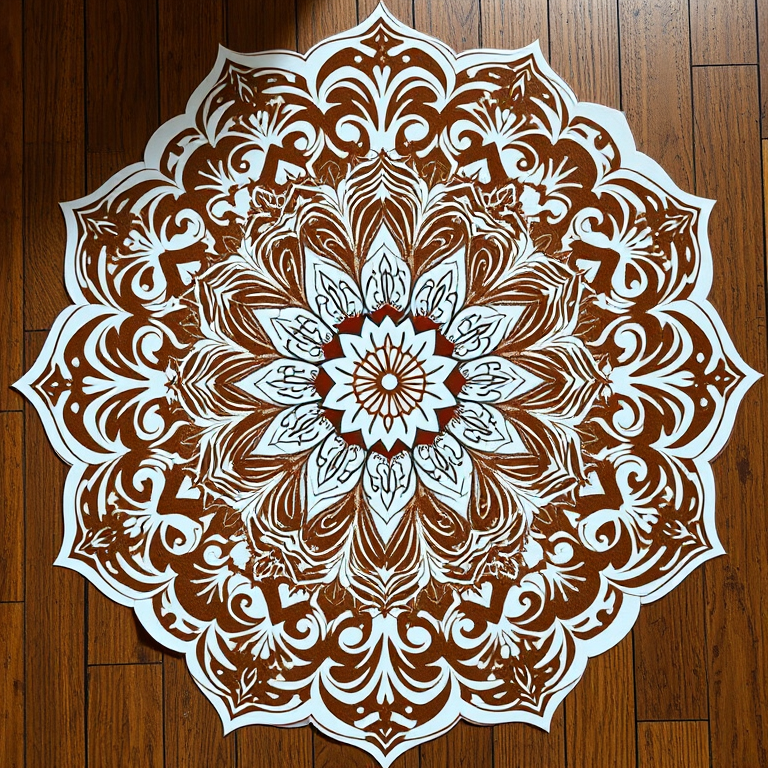 Create a high-resolution mandala design with intricate floral patterns and swirls, shot with a Canon EOS R5, 50mm lens, f/8 aperture, ISO 200, in soft natural lighting, from a top-down view to capture details and symmetry.