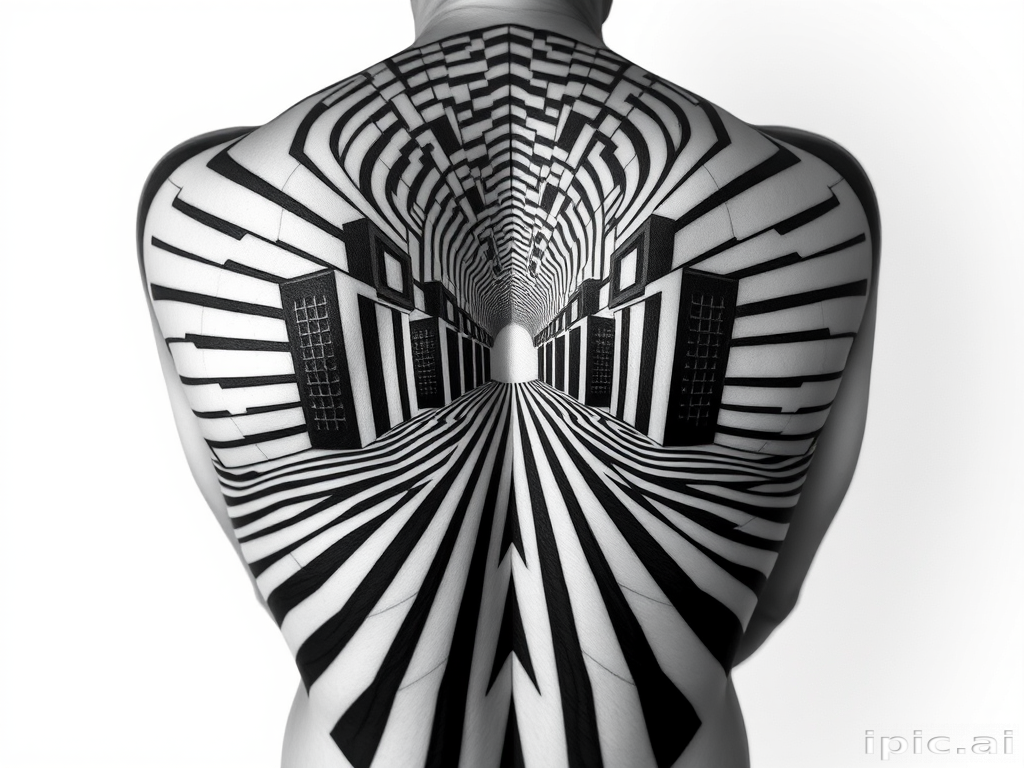 Mesmerizing optical illusion body tattoo covering the entire back, creating a three-dimensional effect with precise linework and shading in stark black and white
