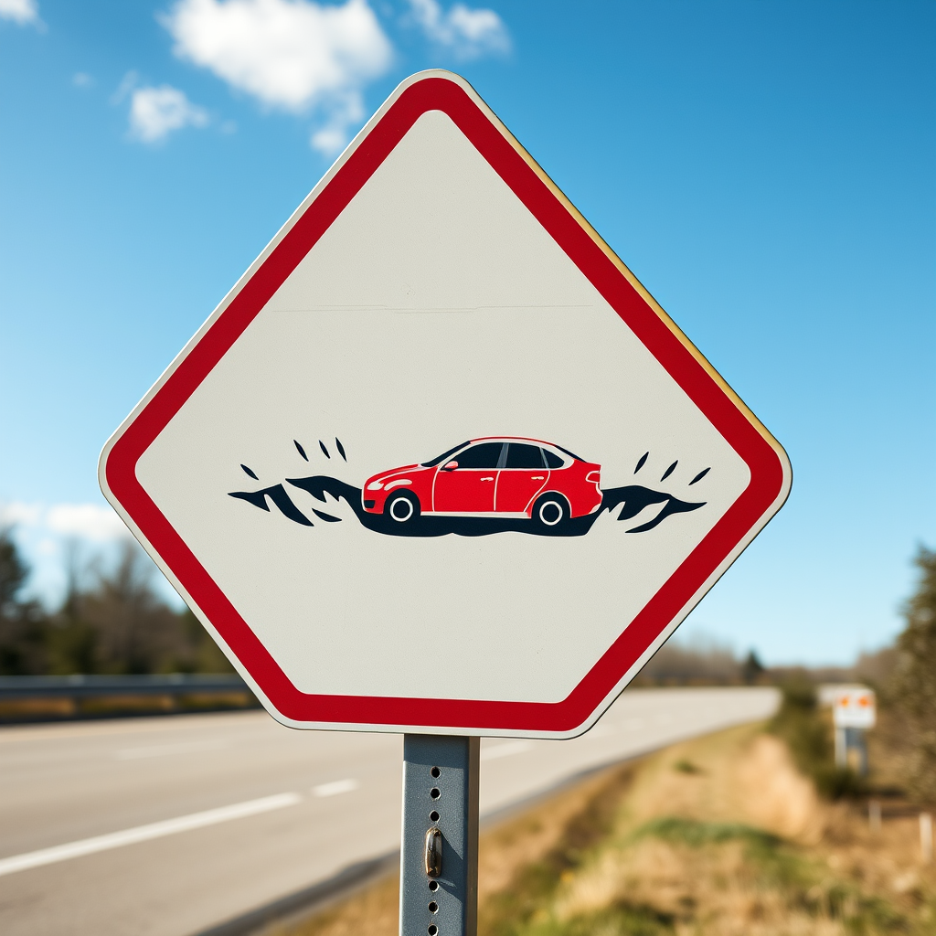 Generate an image of a warning sign depicting a car skidding on a road, using a DSLR camera at f/8 aperture, ISO 100, 24mm lens, shot from an eye level perspective with natural lighting to enhance clarity and detail.