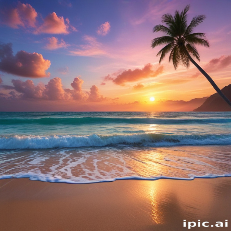 Serene Sunset Over the Ocean with Palm Tree Silhouette on Beach
