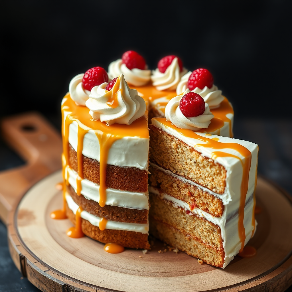Create an image of a beautifully decorated cake with layers, featuring a smooth cream frosting drizzled with caramel sauce, topped with swirls of frosting and bright red berries for decoration, showing a slice removed to reveal the moist interior and presented on a rustic wooden board.