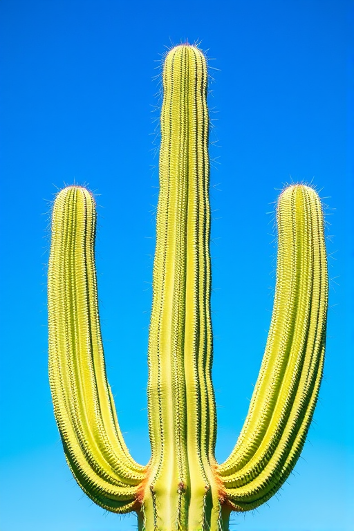 Generate a detailed illustration of a tall cactus with three prominent arms, focusing on the texture and spines, using a DSLR camera with a 50mm lens, aperture f/2.8, shutter speed 1/250 sec, and ISO 100, shot in bright daylight against a clear blue sky background.