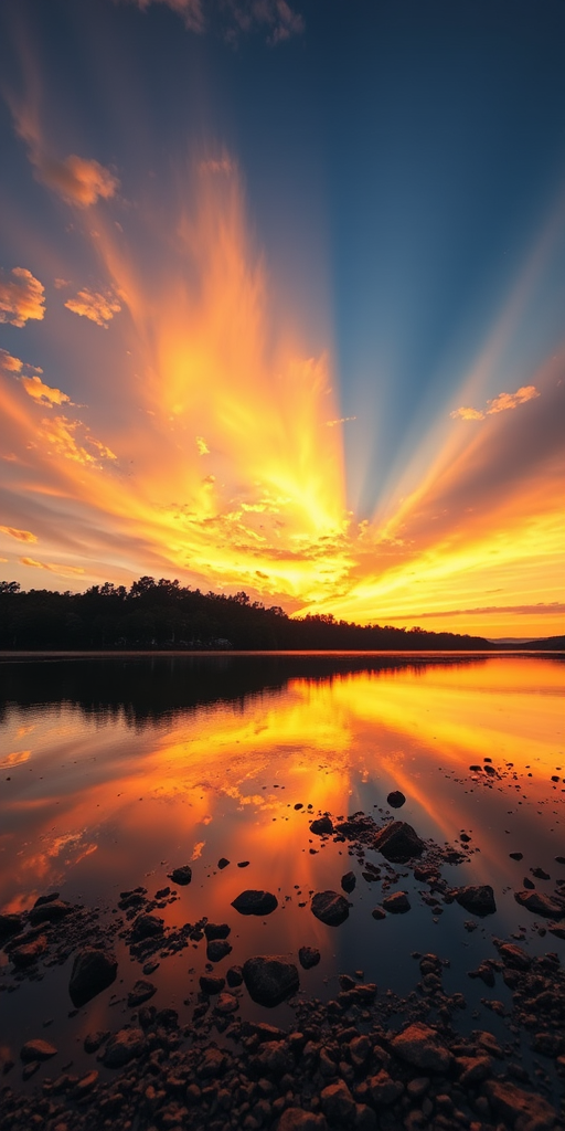 Create a high-resolution image of a serene sunset over a tranquil lake, captured with a Canon EOS R5, 24-70mm f/2.8 lens, using an aperture of f/11, shutter speed of 1/125 sec, ISO 100, from a low angle to enhance reflection, with vibrant colors and dynamic range.