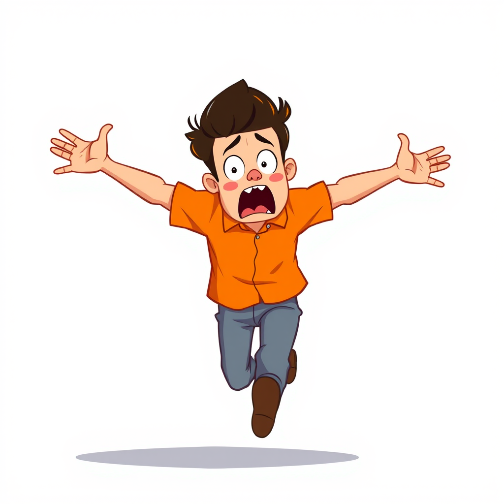 Generate an illustration of a shocked man running with outstretched arms, wearing an orange shirt and gray pants, in a cartoon style with bright colors, using a digital art technique, viewed from a slightly low angle, with a soft focus effect to enhance the overall image quality.
